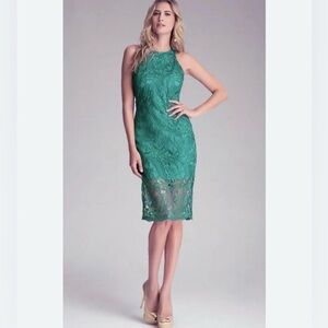 Bebe Sleeveless Green Lace Mid Calf Dress |Size 4
